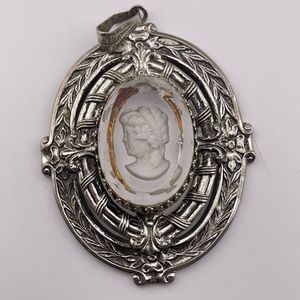 Glass Cameo Intaglio Pendant Silver Tone Vintage Left Facing